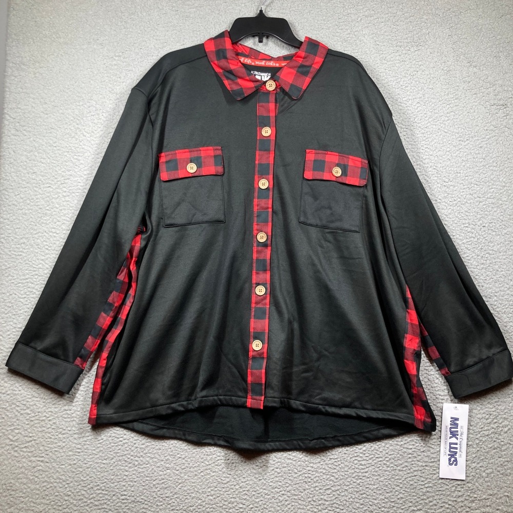 Muk Luks Button Down Shirt Women 3X Black Red Buffalo Plaid A656014